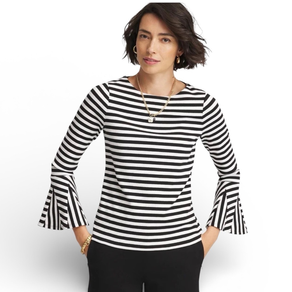 Chico’s Ribbed Godet Flutter-
Sleeve Top, black & white stripes, size 3 (XL)